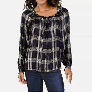 NWT Max Studio Blouse Black Cream Plaid Peasant Blouse Long Sleeve Sz M